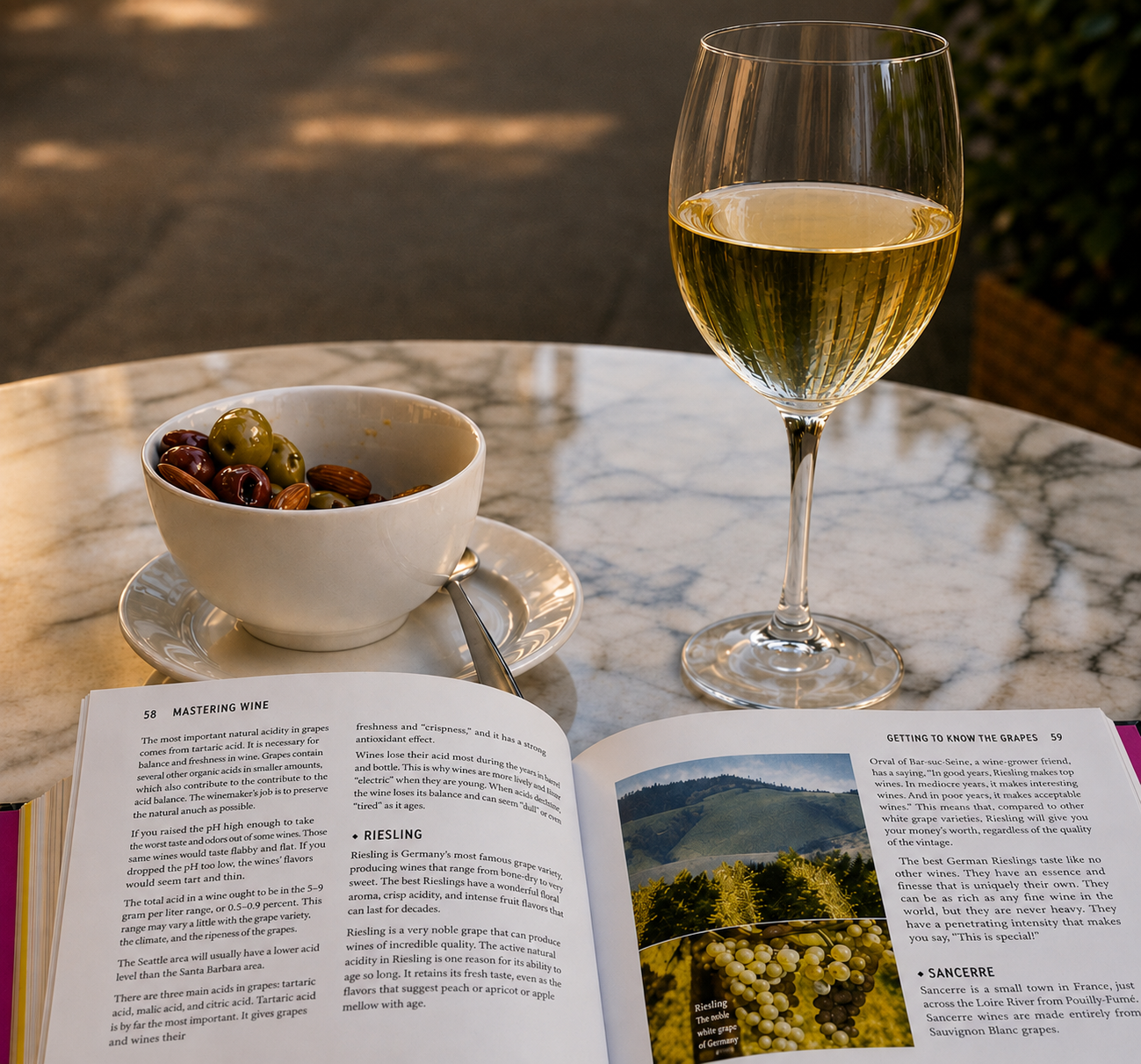 An open wine book on a marble table beside a glass of white wine and a bowl of olives