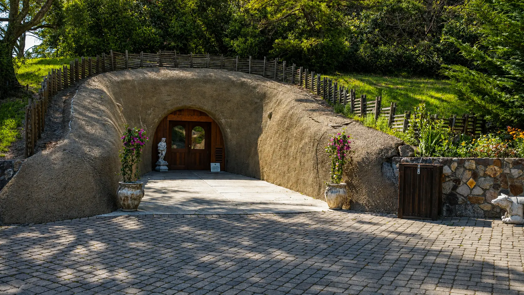 Arched wooden doors of a hillside wine cave framed by stone and flowering pots