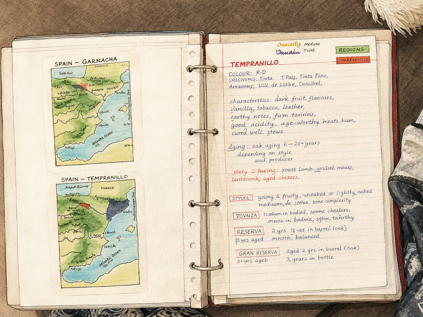 Illustrated study notes on Spanish grape varieties with maps, tasting notes and vine diagrams