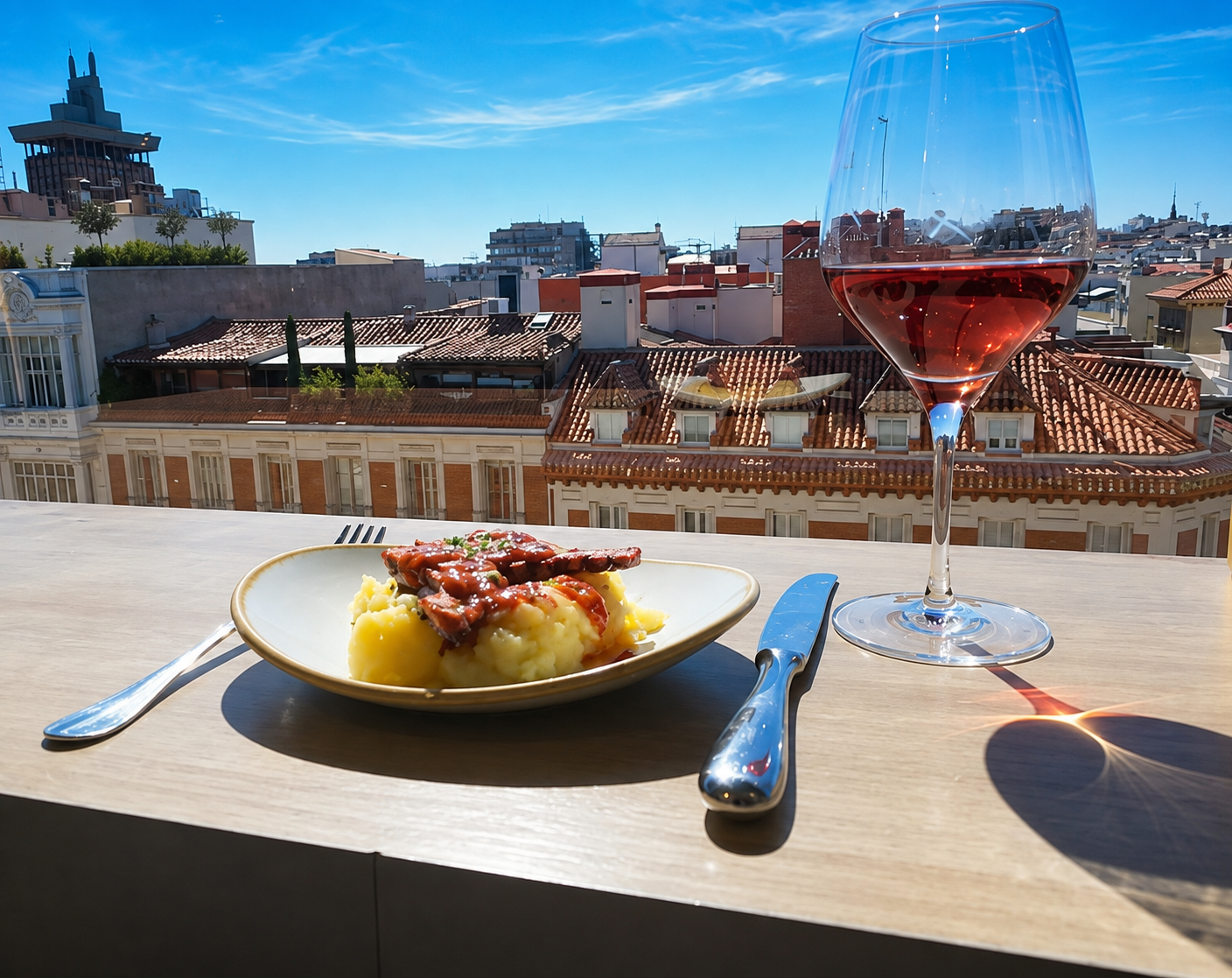 A plate of octopus with potato and a glass of rosé on a rooftop table overlooking the tiled roofs of Madrid