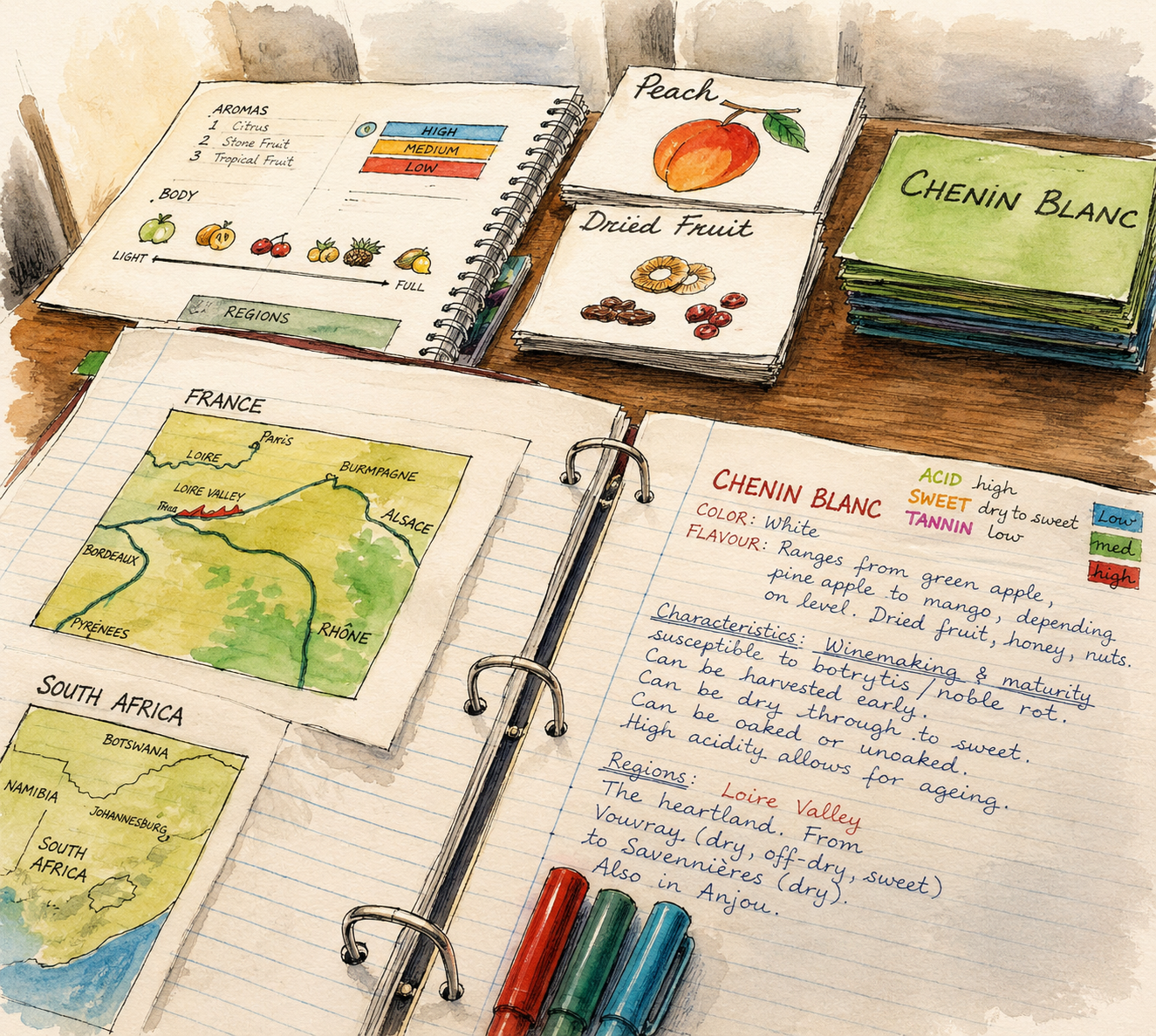 Hand-drawn watercolour study notes on Chenin Blanc with maps of France and South Africa, aroma charts and flashcards