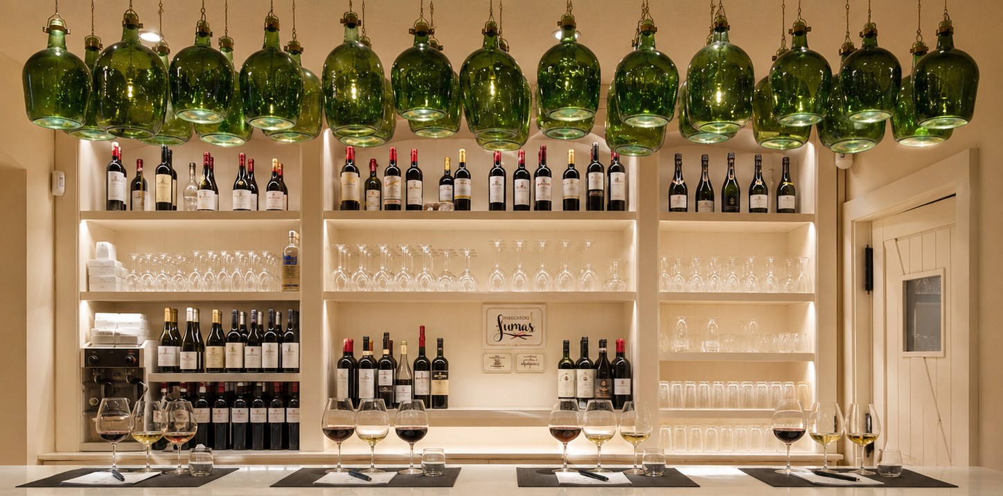 A bright wine tasting bar with green glass pendant lights, bottles, glasses and tasting mats on the countertop