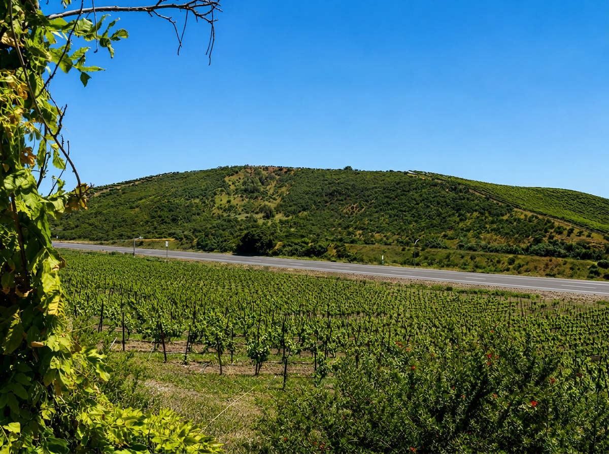 Rows of young green grapevines stretching toward a rolling, forested hill
